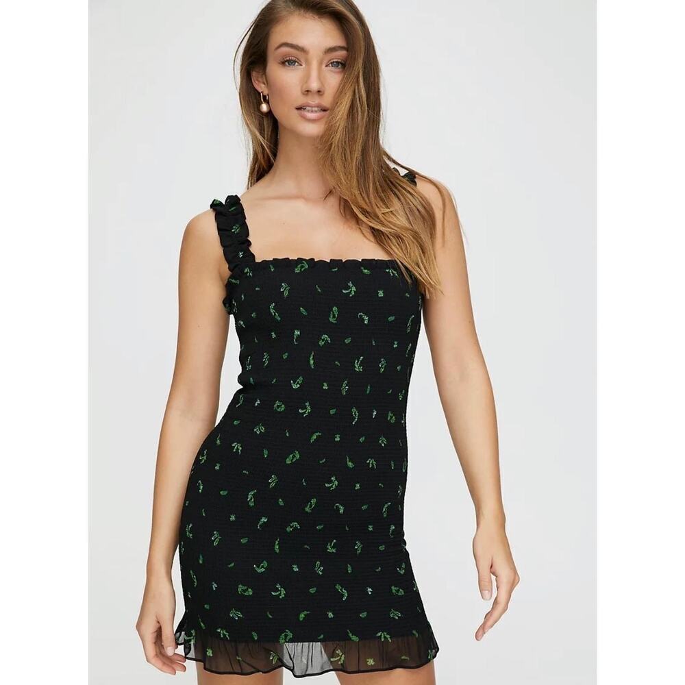 Aritzia Wilfred Luella Smocked Strap Dress in Black & Leaf Print Small Party